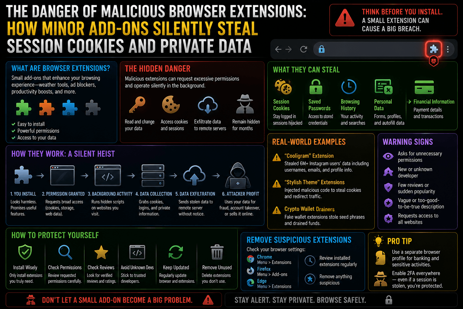 You are currently viewing The Danger of Malicious Browser Extensions: How Minor Add-ons Silently Steal Session Cookies and Private Data.